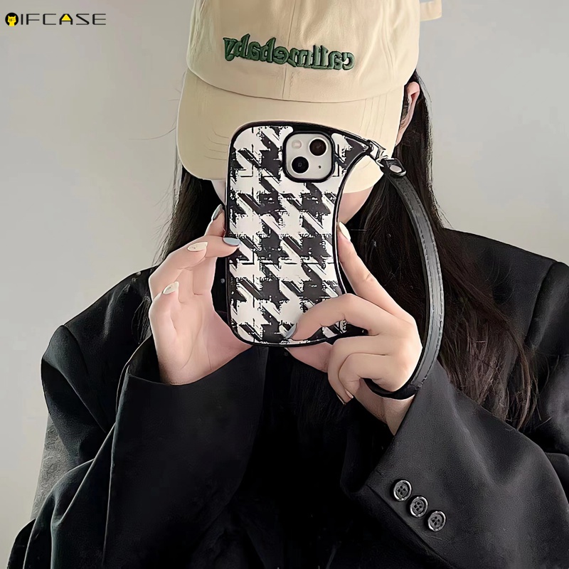 Ốp Điện Thoại Mềm Họa Tiết Kẻ Sọc Trắng Đen 3D Có Dây Đeo Cho iPhone 14 Plus 14 13 12 11 Pro Max