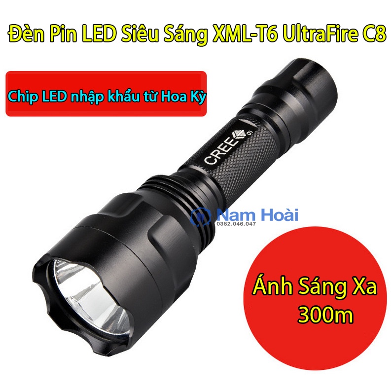 Đèn pin LED siêu sáng UltraFire C8 chống nước cao cấp