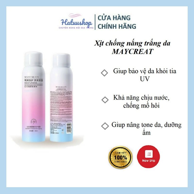 Xịt chống nắng Maycreat không bết dính, thấm nhanh