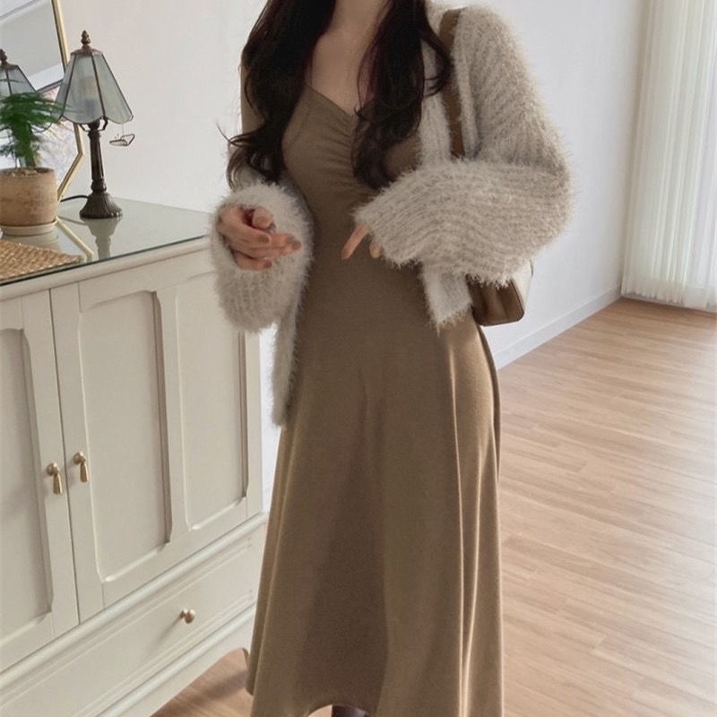 Đầm Nữ Dài Tay Cổ Chữ V Nhấn Eo Thời Trang Hàn Quốc Mới