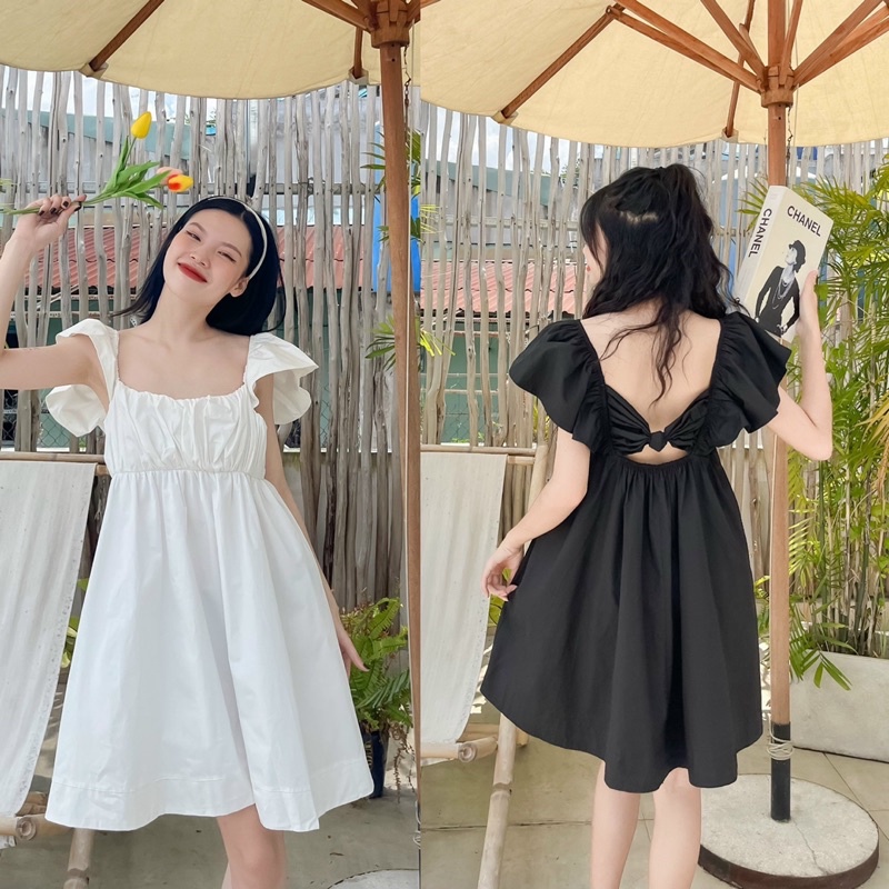 Đầm bbd babydoll tay tiên bo chun ngực cut out lưng trắng đen M