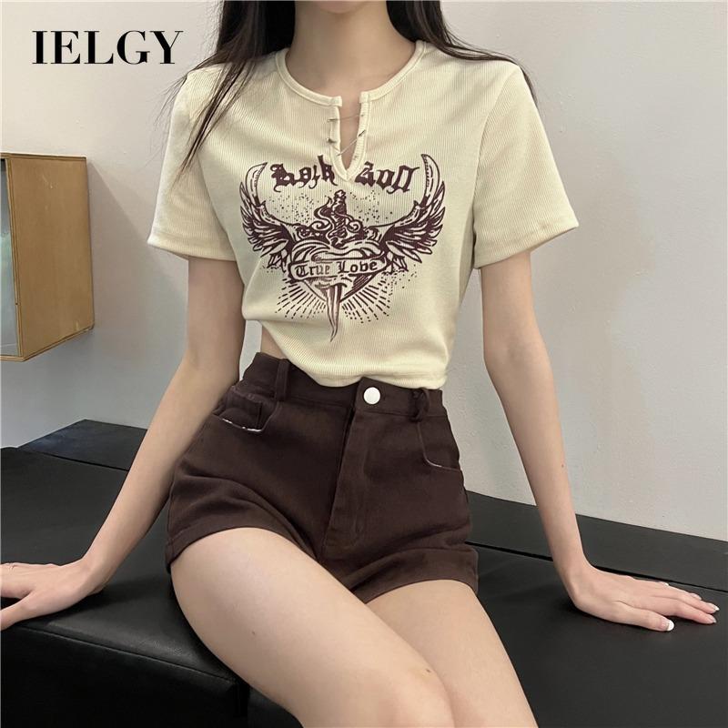 IELGY      Áo Thun Ngắn Cổ Chữ v Dáng Ôm In Họa Tiết Thời Trang Cho Nữ