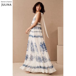 Đầm maxi voan hoa thắt dây màu trắng sang trọng Julina Wren Dress Blue jf1016