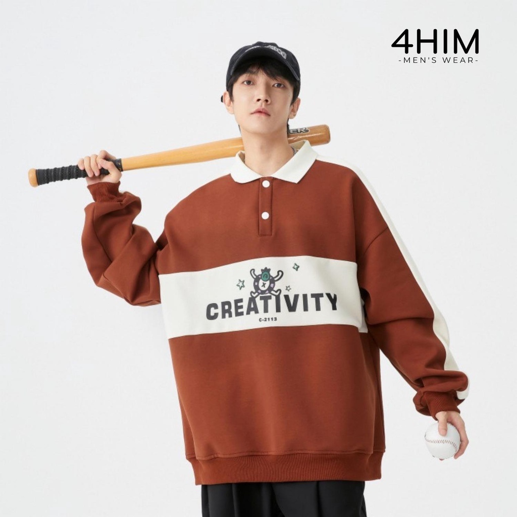 Áo sweater nỉ unisex polo chất vải nỉ bông in hình sắc nét Áo nỉ bông dài tay nam nữ form rộng tay bồng hàn quốc 4him