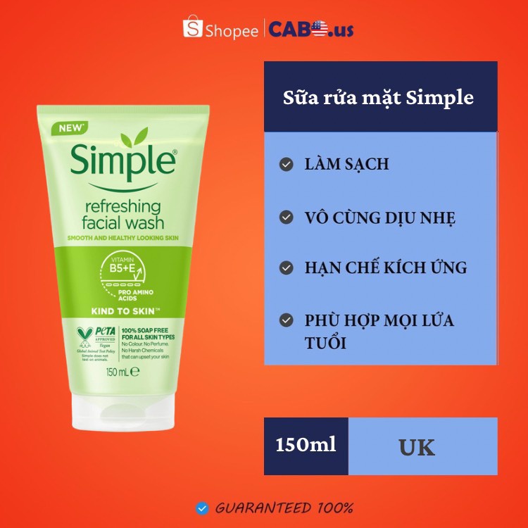 Sữa Rửa Mặt Simple Refreshing Facial Wash Gel CABOUS125 Dạng Gel Làm Sạch Sâu, Dịu Nhẹ Cấp Ẩm Cho Da Nhạy Cảm 150ml