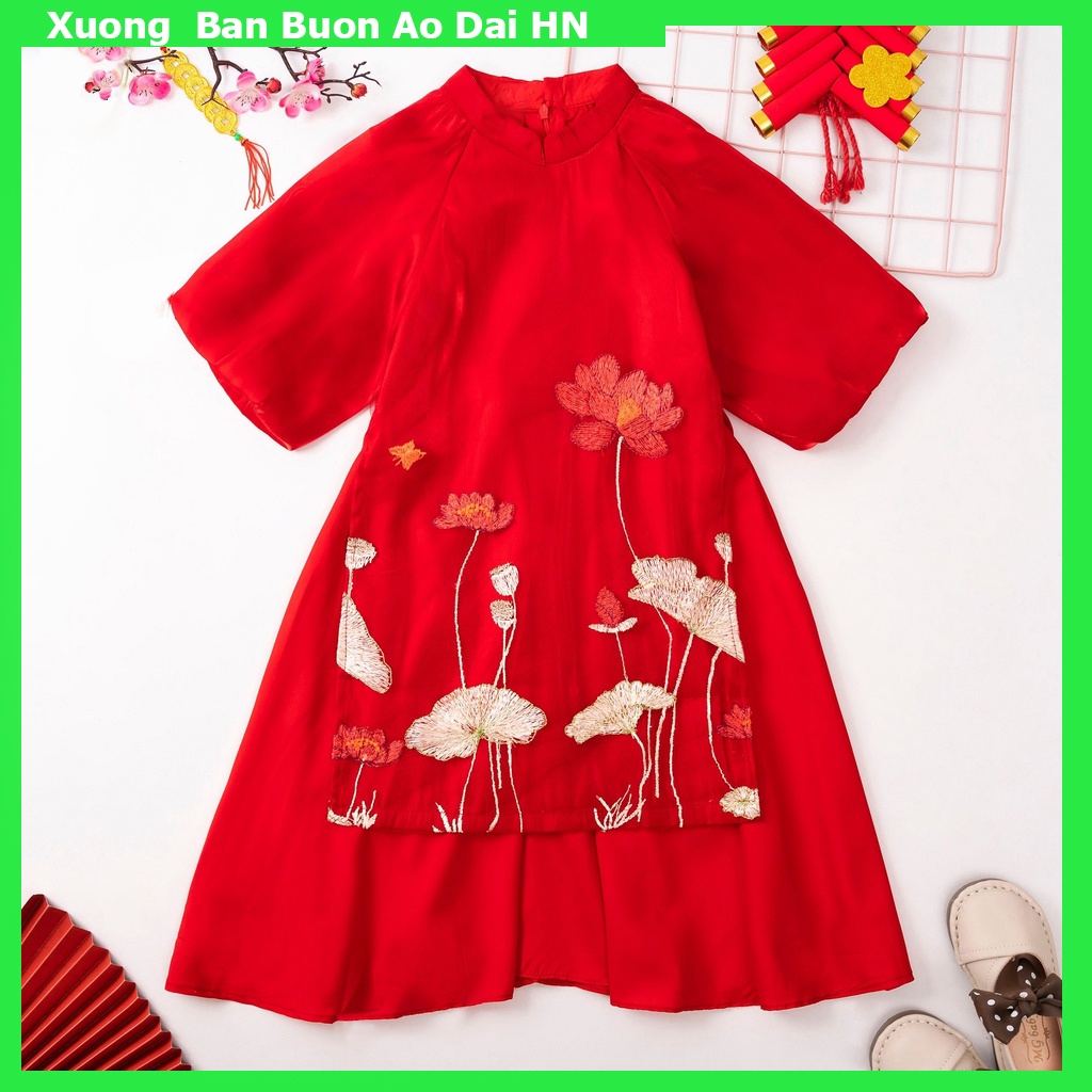 Áo Dài Cho Bé Gái Cách Tân Họa Tiết Hoa Sen Tay Bồng Chất Tơ Óng Mềm Mại Màu Sắc Nhẹ Nhàng 8 - 32Kg