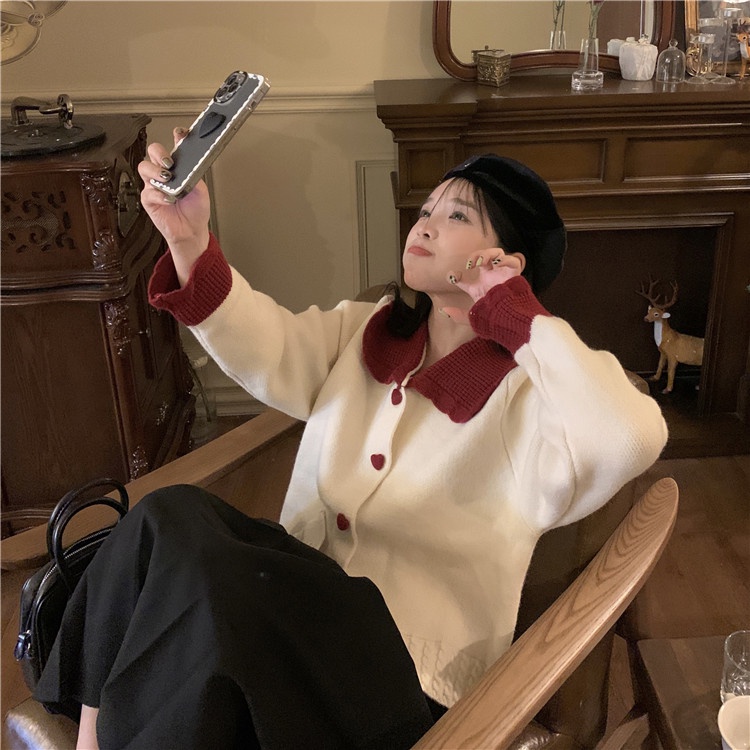 SUXI Áo Khoác Cardigan Dệt Kim Tay Dài Dáng Rộng Cổ Búp Bê Màu Sắc Tương Phản Phong Cách Vintage Dành Cho Nữ