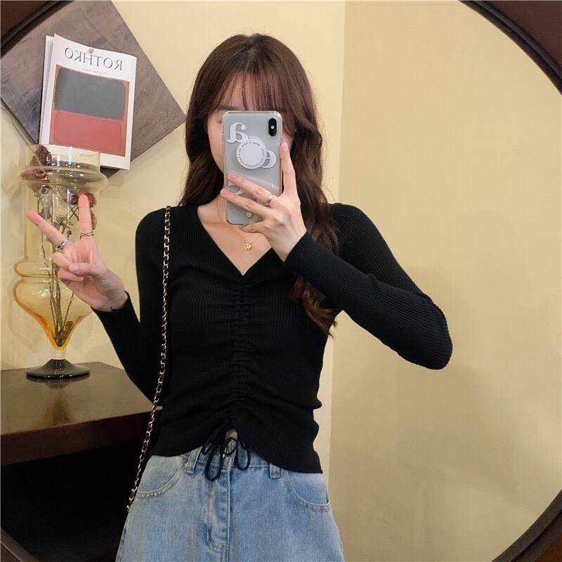 Áo len kiểu dây rút dài tay ALALA phong cách vintage xinh đẹp Hàn Quốc