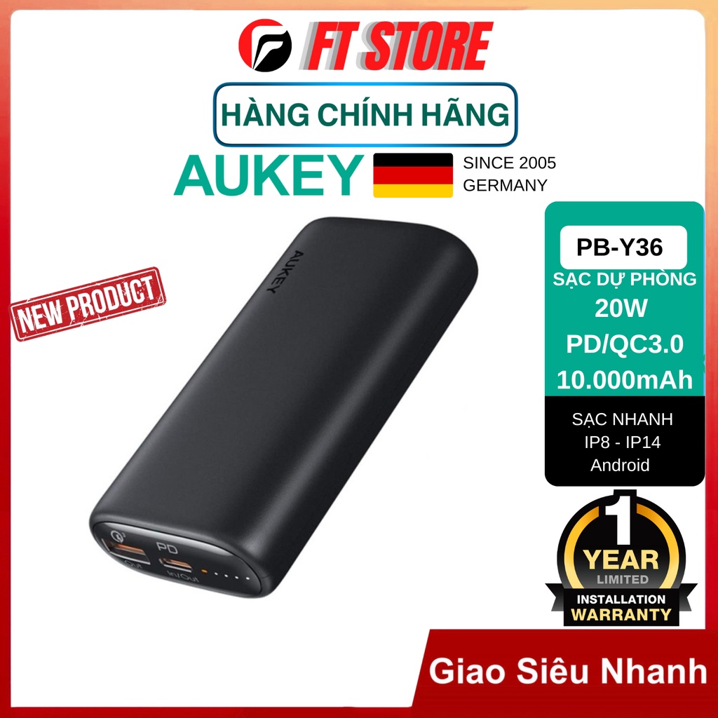 Pin Sạc dự phòng Aukey PB-Y36 10.000 mAh Sạc Nhanh Q.C 3.0 PD 20W BH12TH