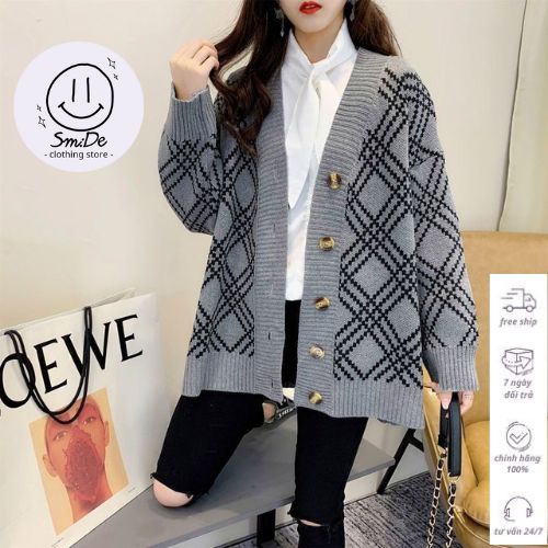 Áo Khoác Cardigan Len Họa Tiết Sọc Chéo Dáng Dài Tay Lỡ Hàng Quảng Châu Thời Trang Nữ Thu Đông | smide Clothing