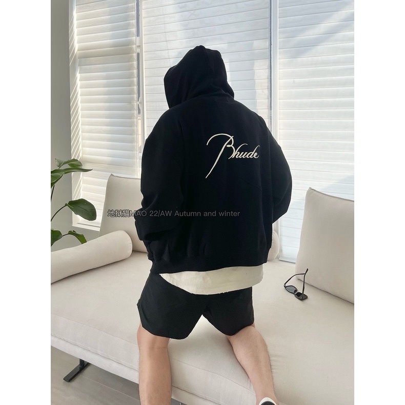 ⚡️ - Áo Khoác Rhude Black Full Zip Oversized Hoodie Logo Thêu, Áo khoác zip hoodie Rhude form rộng