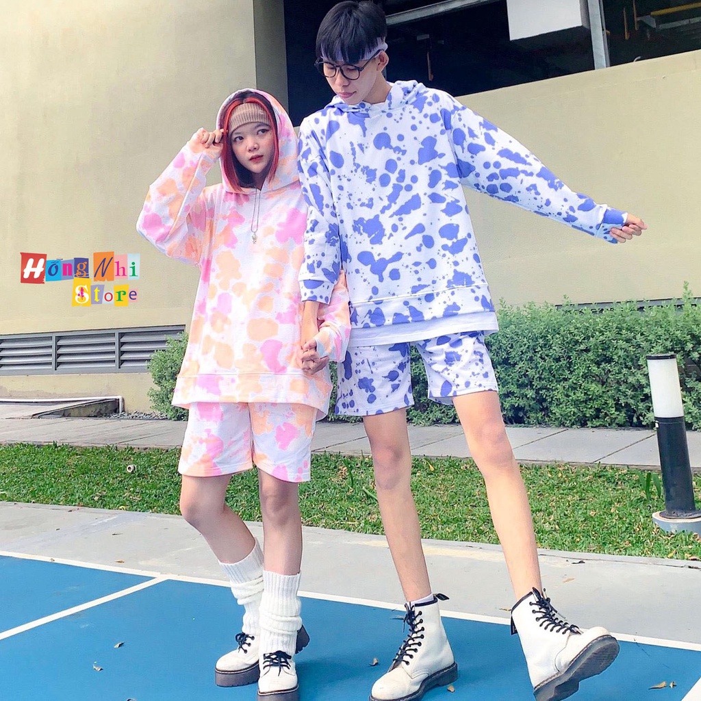 Set Bộ Áo Hoodie 3D Tie Dye Phối Quần Short Đùi Dáng Rộng Nam Nữ Oversize Ulzzang Unisex - MM