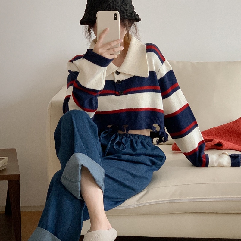 SUXI Áo Sweater Dệt Kim Tay Dài Hở Rốn Thời Trang Thu Đông Phong Cách Vintage