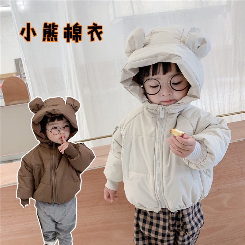 Áo khoác phao mũ gấu 3 lớp trần bông siêu ấm siêu đáng yêu cho bé trai bé gái_Hàng QCCC