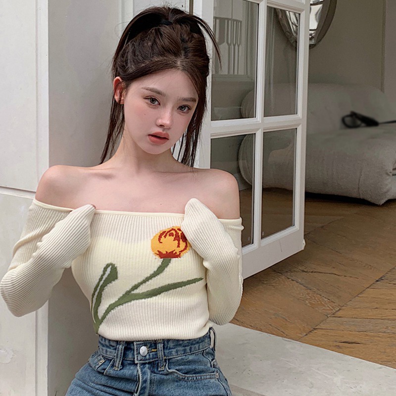 Áo Croptop Trễ Vai Dài Tay In Hoa Thời Trang Dành Cho Nữ