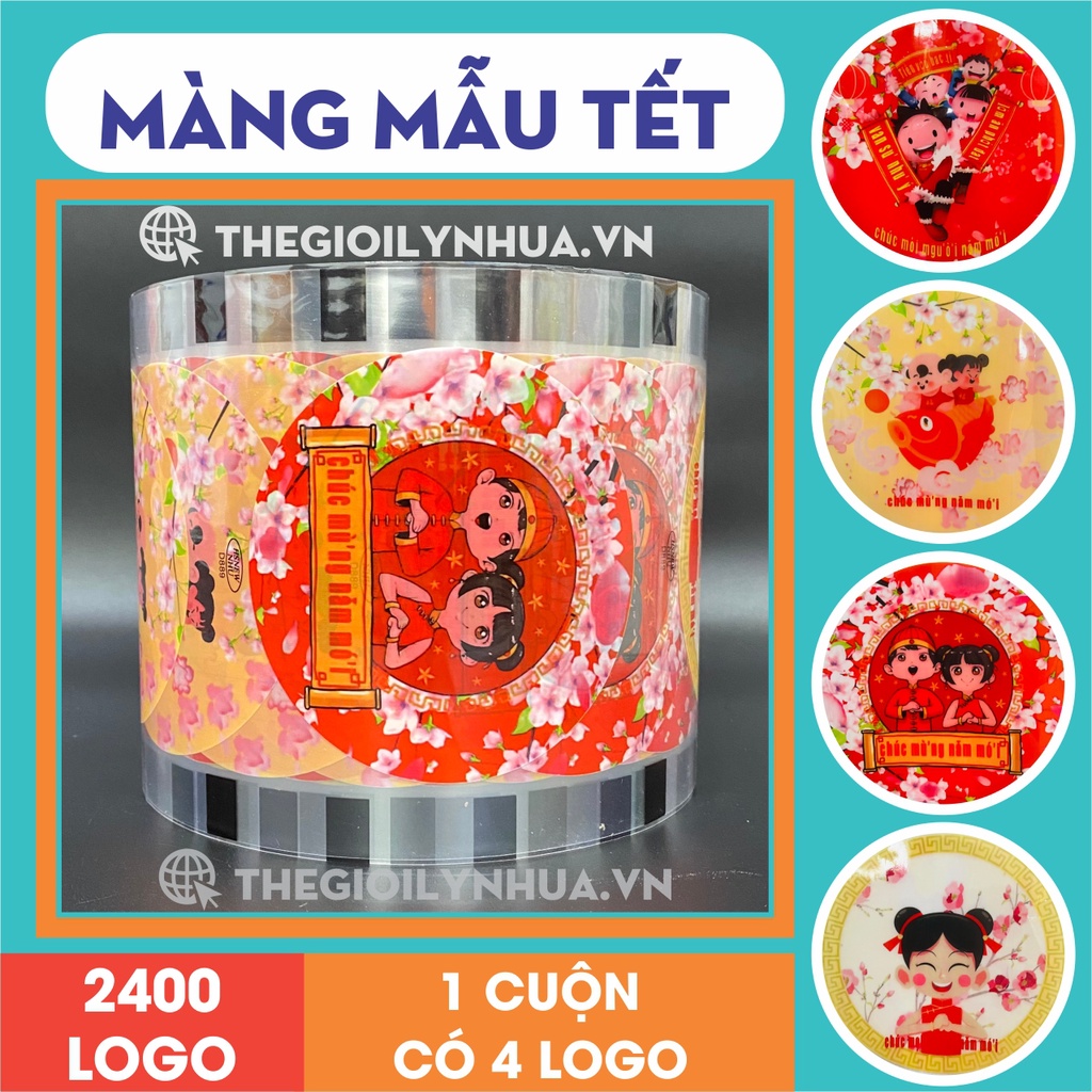 Màng dập cốc, cuộn màng dán nắp cốc, màng dập cốc trà sữa in sẵn mẫu TẾT loại 2400 logo/cuộn