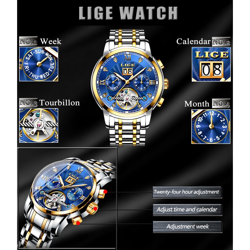 Đồng hồ cơ thể thao LIGE số La Mã ngày tự động dây đeo bằng thép chống nước thời trang cho nam