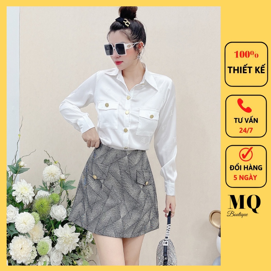 Áo sơ mi nữ lụa dài tay cao cấp công sở họa tiết chữ nhỏ nổi L.V nền trắng đen cúc vàng , áo sơmi thiết kế MQ Boutique