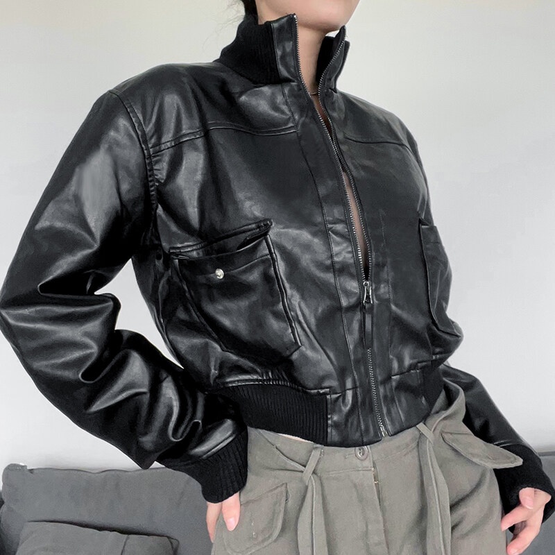 Áo khoác da Kliou tay dài dáng rộng có khóa kéo phong cách punk 2022 cá tính dành cho nữ