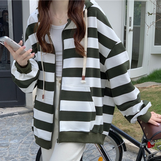 Áo hoodie SUXI tay dài dáng rộng kẻ sọc thời trang mùa thu cho nữ