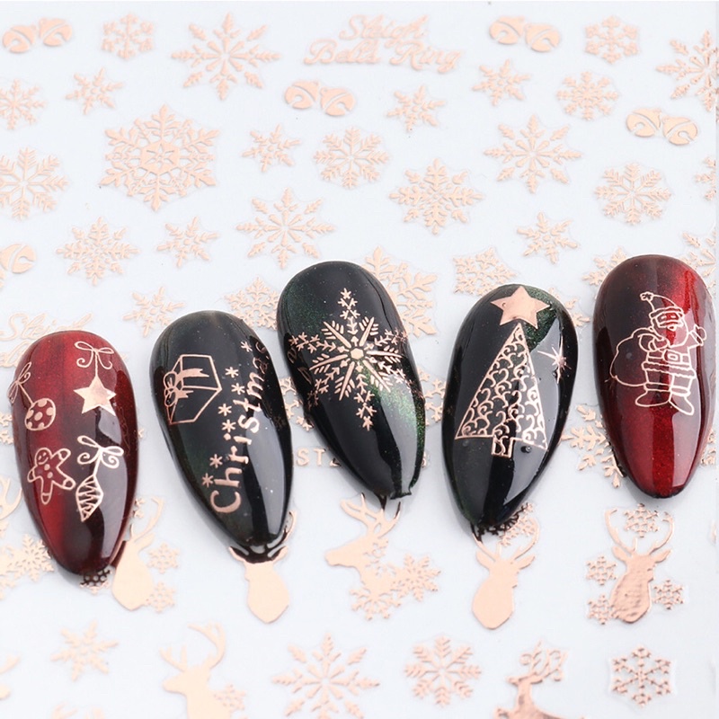 Sticker Noel dán móng nail bông tuyết Giáng sinh vàng hồng