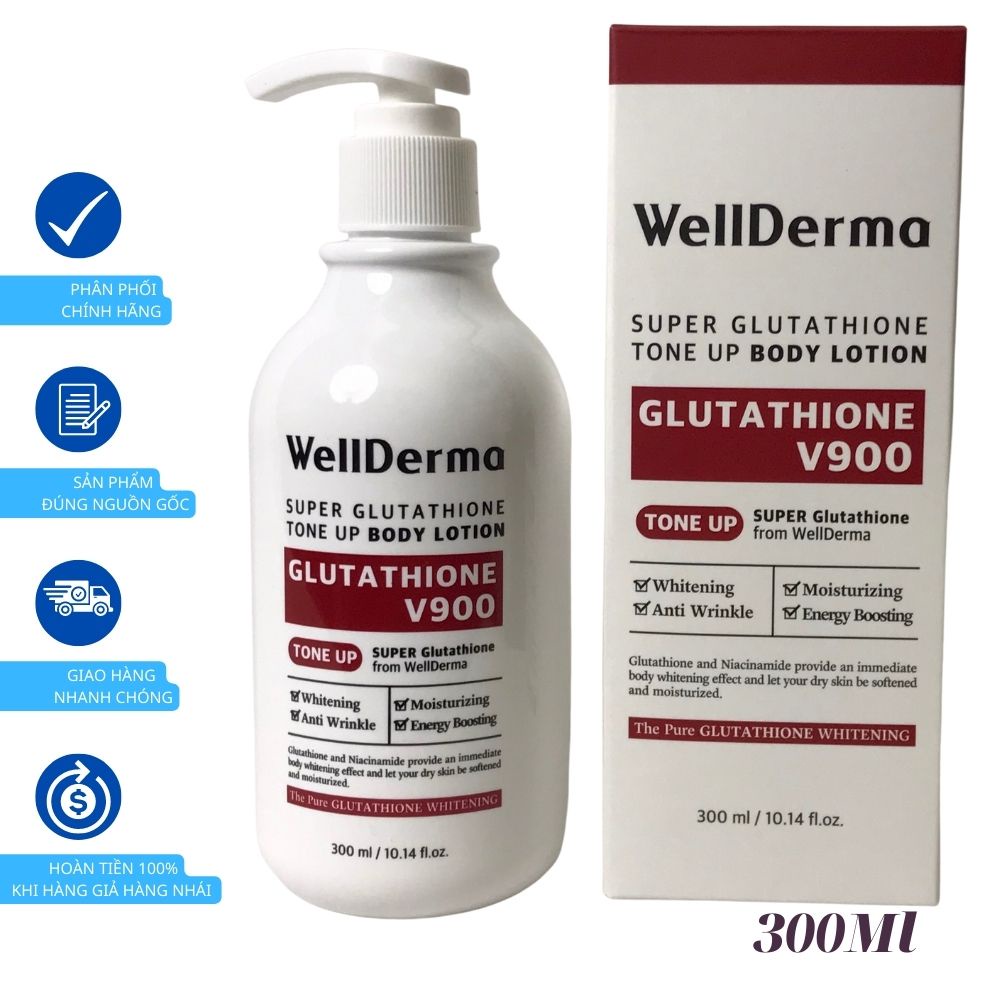 Kem dưỡng trắng da Body Wellderma Super Glutathione V900 Tone Up Body Lotion 300ml, Kem dưỡng Body