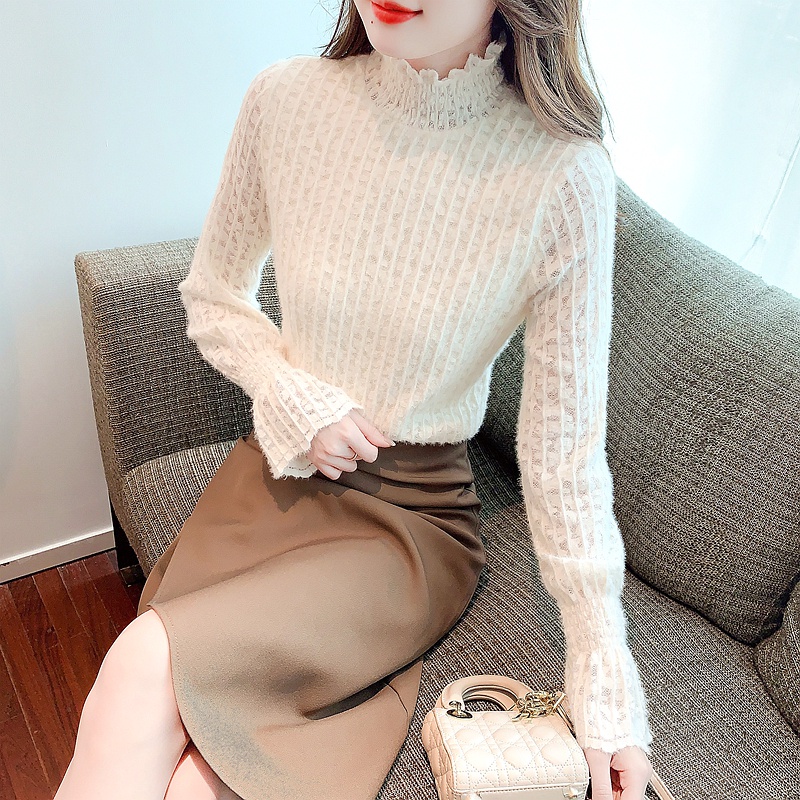 Áo Sơ Mi Tay Dài Ống Loe Phối Ren Phong Cách Hàn Quốc Thời Trang Mùa Đông Cho Nữ