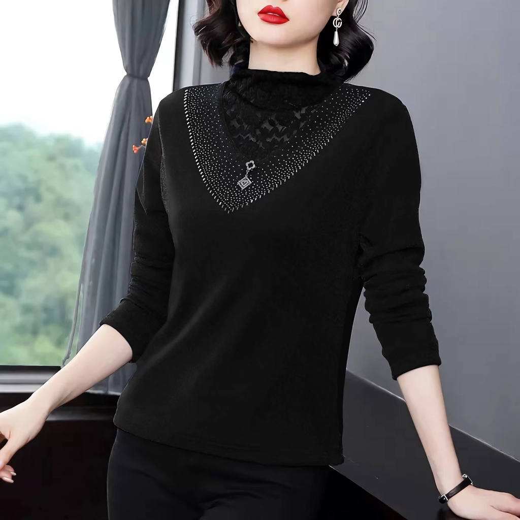 Áo Thun Hai Mặt Tay Dài Cổ Cao Vừa Vặn Phong Cách Thu Đông Mới Dành Cho Phụ Nữ Trung Niên Có Kích Thước Lớn Tuổi 100kg