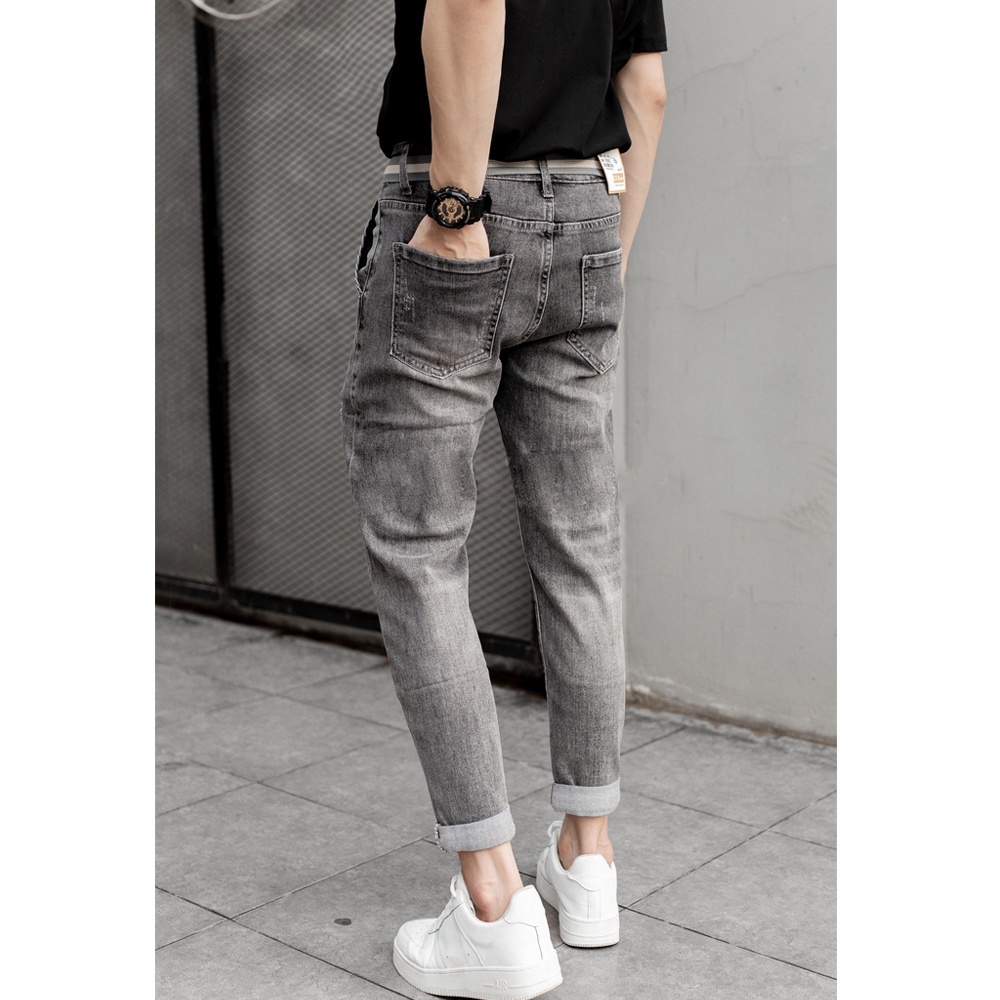 Quần Jean Nam Xanh Rách Gối Hàn Quốc Chất Vải Mịn Đẹp Co Giãn Nhẹ Không Xù Lông