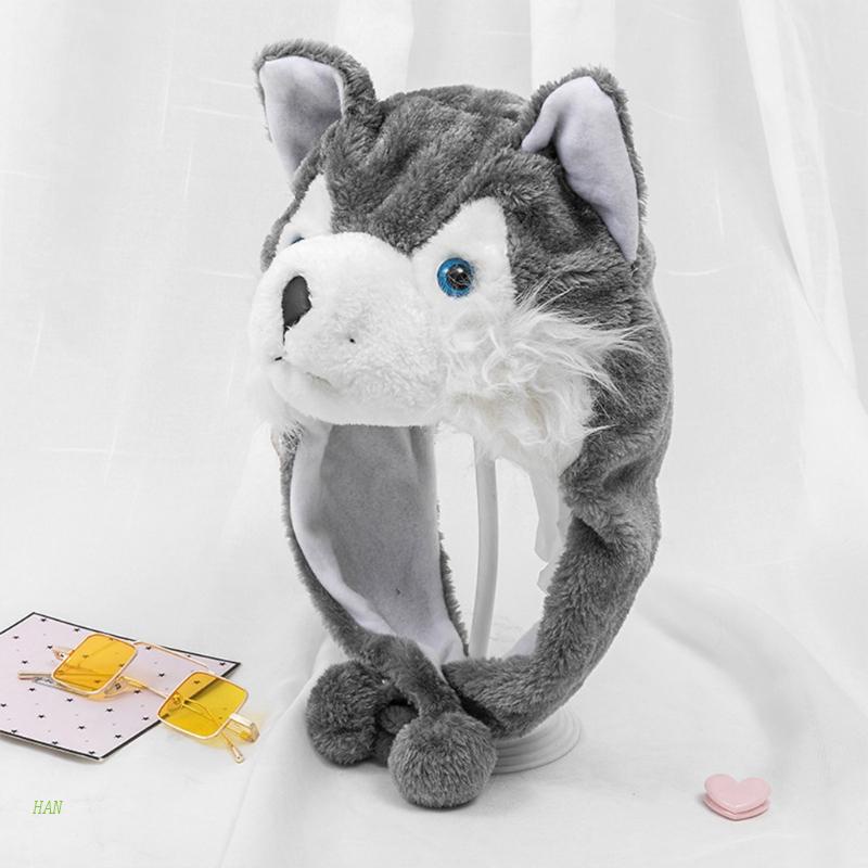 Mũ Beanie Vải Lông Xù Đính Chó Sói Hoạt Hình Đáng Yêu Giữ Ấm Mùa Đông Cho Nam Nữ