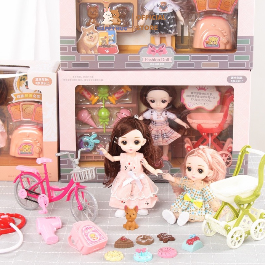 Bộ đồ chơi búp bê cho bé gái kèm phụ kiện siêu xinh, hộp quà tặng có quai xách - Happy Hug