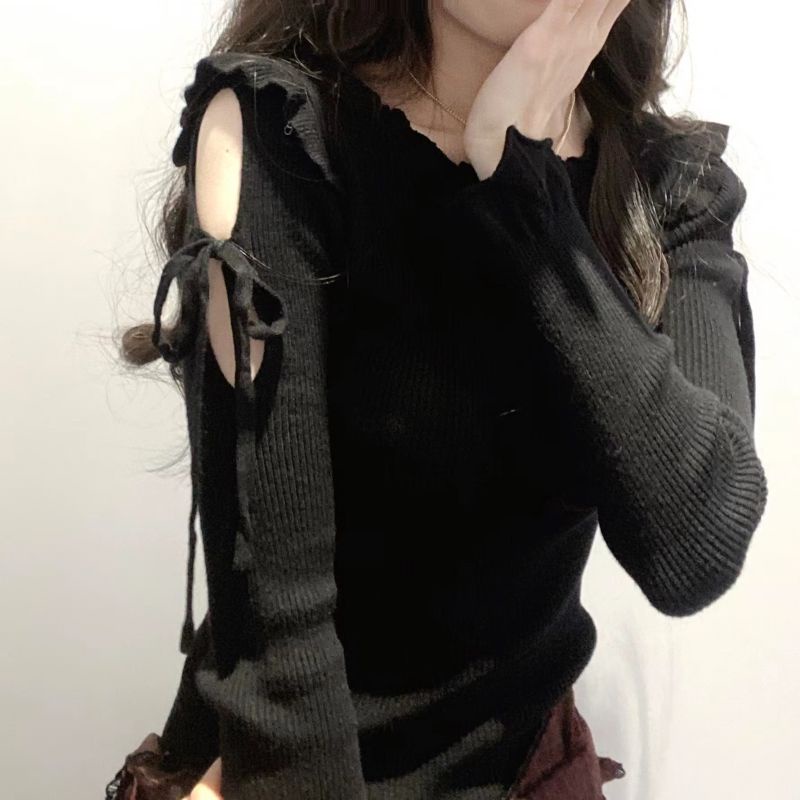 Jiashucheng Áo Thun Tay Dài Dáng Ôm Hở Vai Viền Nấm Viền Hở Vai Phong Cách Hàn Quốc