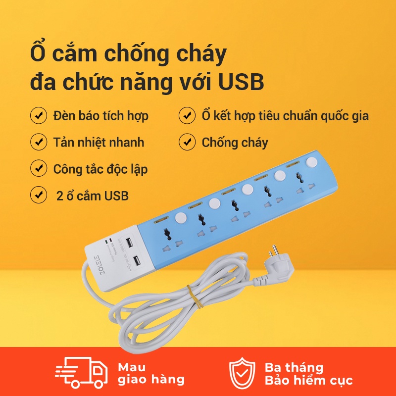 Ổ Cắm Điện Đa Năng zolele zk100 Dây nối dài 3M-5 lỗ 2USB - 2400W - Chính hãng