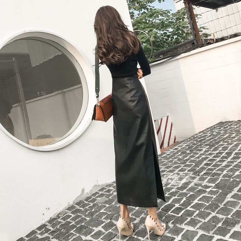 Chân Váy Da Dáng Dài Ôm Hông Xẻ Tà Thời Trang Xuân Thu 2022