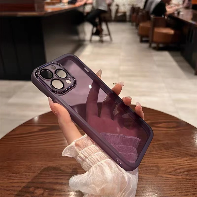 Ốp Điện Thoại TPU Trong Suốt Màu Tím Đậm Có Đai Đeo Bảo Vệ lens Cho Iphone 14 13 12 11 Pro Max Plus