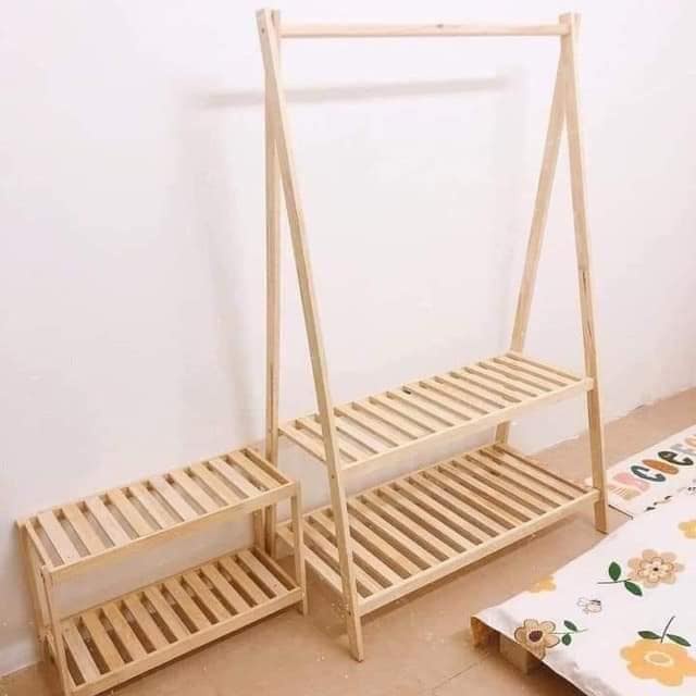 Kệ treo quần áo chữ A - Giá treo quần áo bằng gỗ Thông chữ A 2 tầng phong cách Hàn Quốc tiện lợi xinh xắn