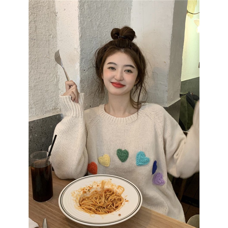 Áo Sweater Dệt Kim Tay Dài Cổ Tròn Dáng Rộng Thời Trang Thu Đông Dễ Thương Cho Nữ