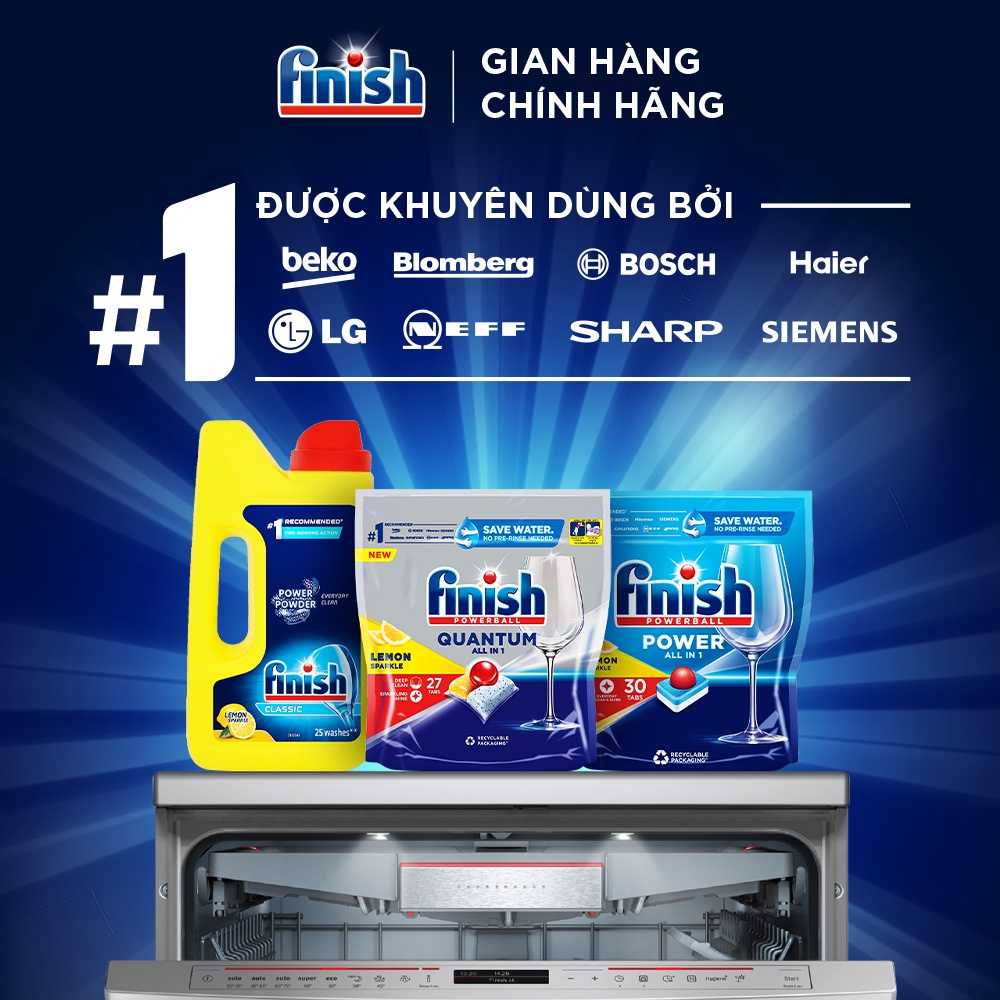 [NHẬP MÃ FINJUL1 GIẢM 12%] Bột Rửa Chén Bát Hương Chanh Finish Classic Power Powder Lemon Sparkle chai 1 kg