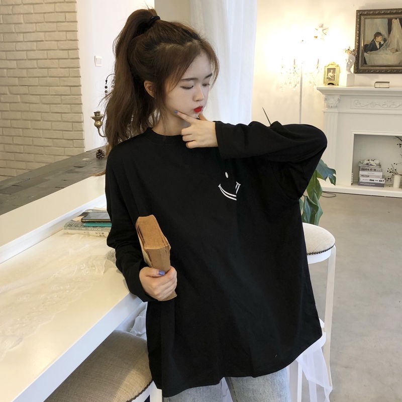 Áo thun nữ SUXI tay dài cổ tròn họa tiết mặt cười phong cách Hàn Quốc