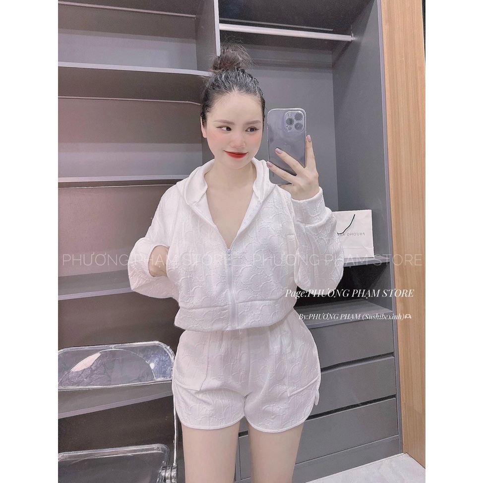 (Sale FreeShip) Đồ bộ đùi nữ,bộ nỉ dạ chữ nổi vải shop,áo tay dài khóa kéo có nón kèm quần có túi,2 màu dễ mặc