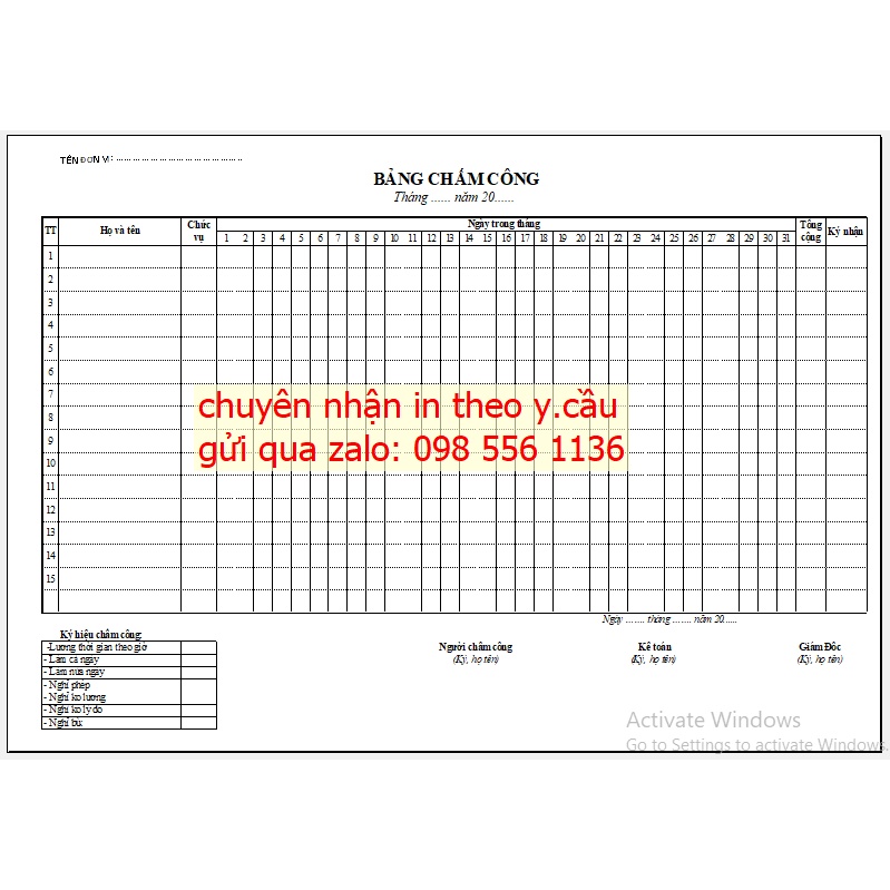 Bảng CHẤM CÔNG nhân viên