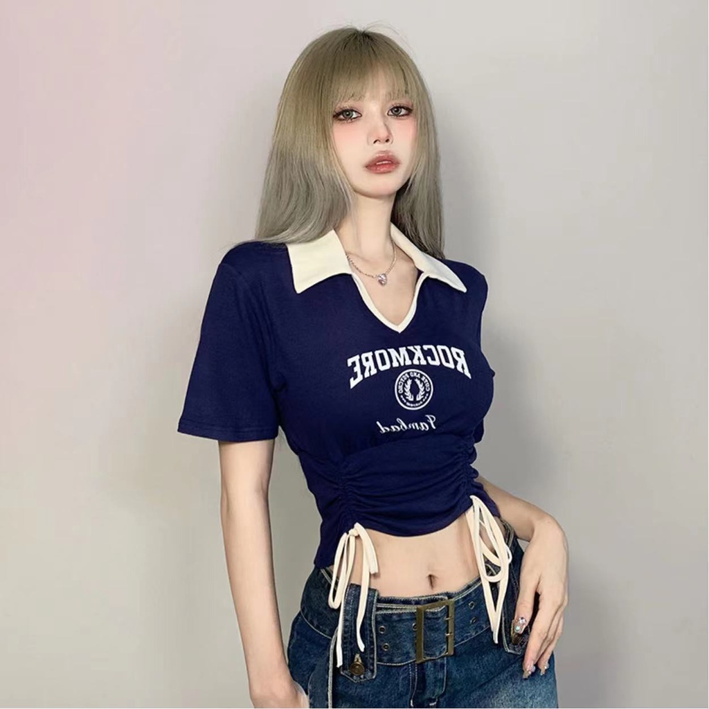 Áo croptop cổ polo tay ngắn dáng ôm in hoa Áo phông bigsize nữ Phong cách hot girl đường phố