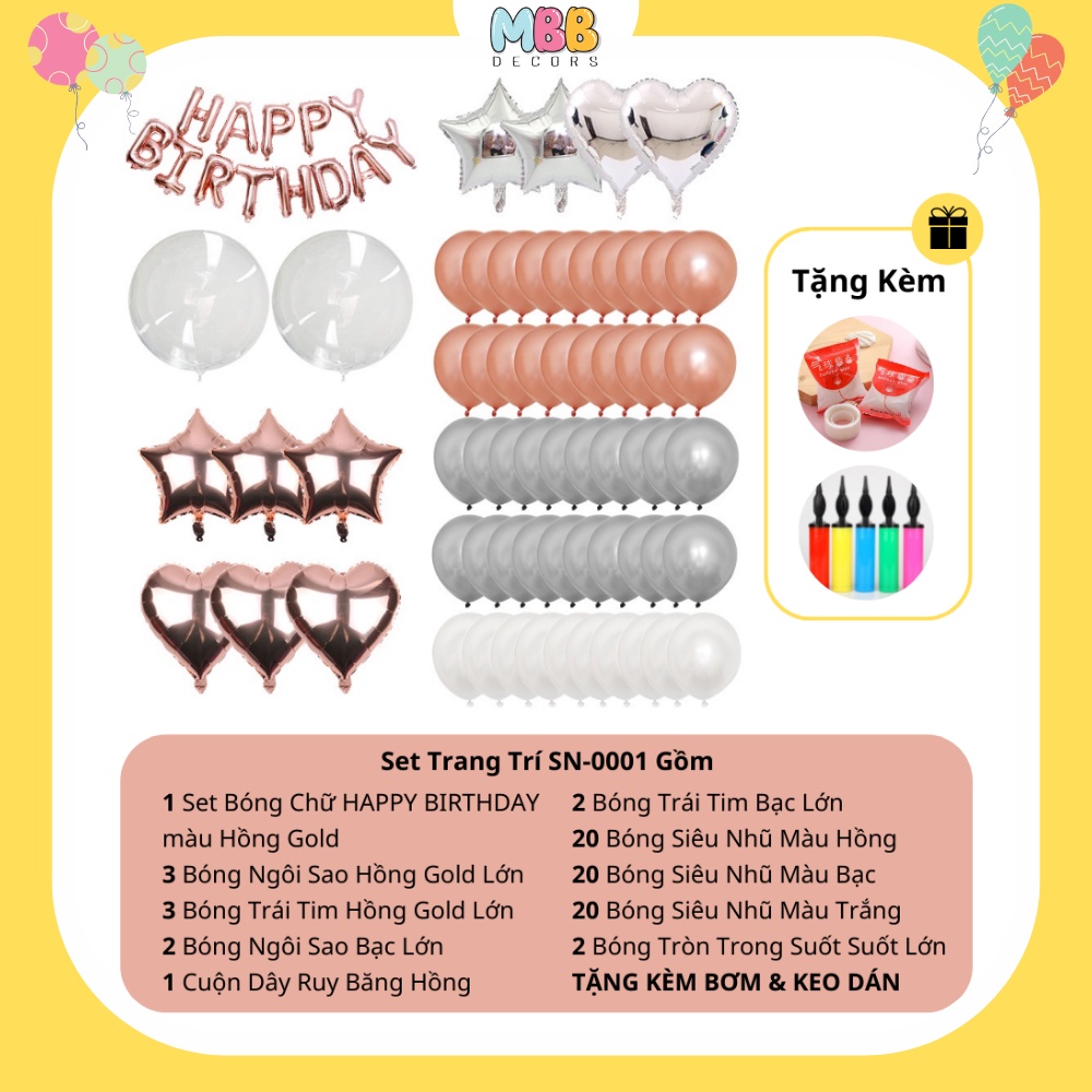[TẶNG BÓNG SỐ &amp; BƠM, KEO] Set Trang Trí Sinh Nhật Màu Hồng Gold Dành Cho Bé Gái và Bạn Nữ 0001