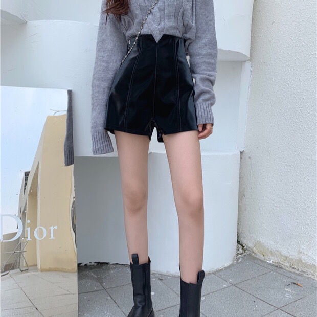 Quần Short Da PU Lưng Cao Dáng Ôm Có Khóa Kéo Thời Trang Thu Đông Cho Nữ