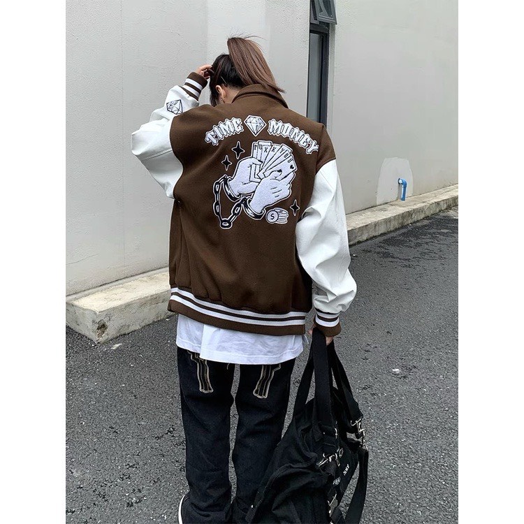 Áo Varsity Jacket Ullzang TIME MONNEY - Áo khoác Cardigan Bomber Unisex phối bo siêu hot - LOUSI.SG