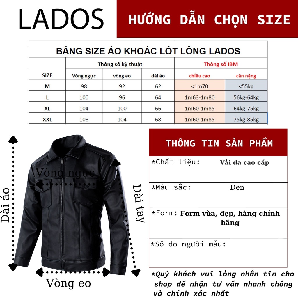 Áo khoác da nam Lados 12062 - Lót Nhung ấm áp, không bong tróc