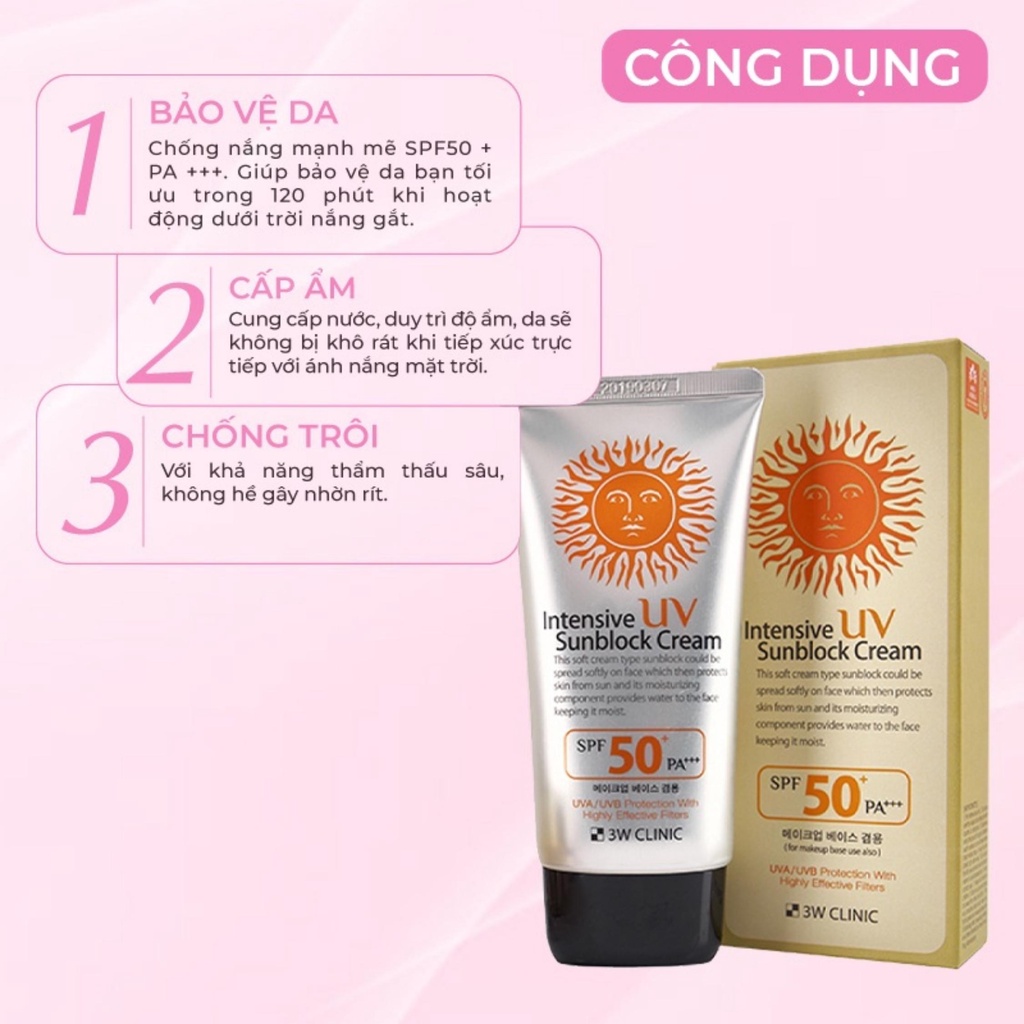 Kem Chống Nắng 3W Clinic UV Sunblock Cream SPF 50+ PA+++ Bảo Vệ Da Tối Ưu 70ml