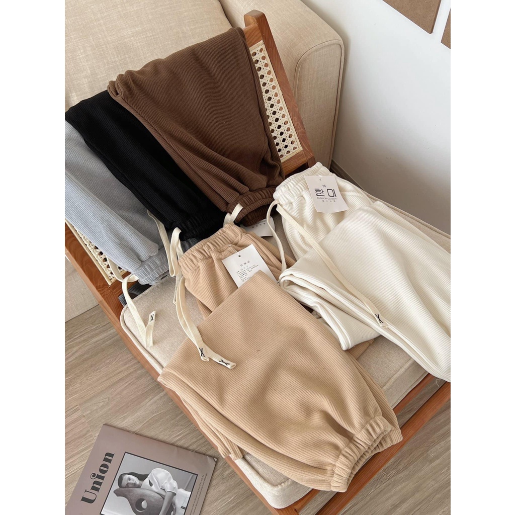 Quần jogger nữ nỉ thun tăm dây rút, Quần boom ống rộng bo gấu thể thao mặc thu đông