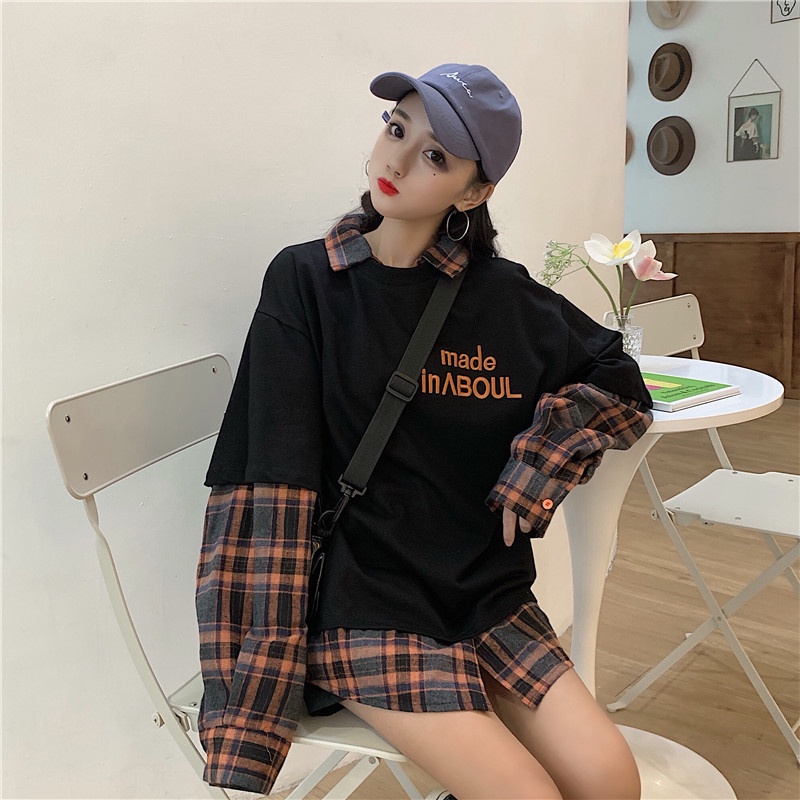 ZHELIHANGFEI Áo Nỉ Dài Tay Giả Hai Lớp Form Rộng Phong Cách Thoải Mái