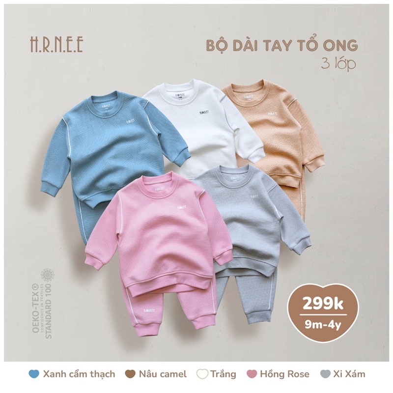 HRNEE - Bộ dài tay vải tổ ong cho bé trai/bé gái